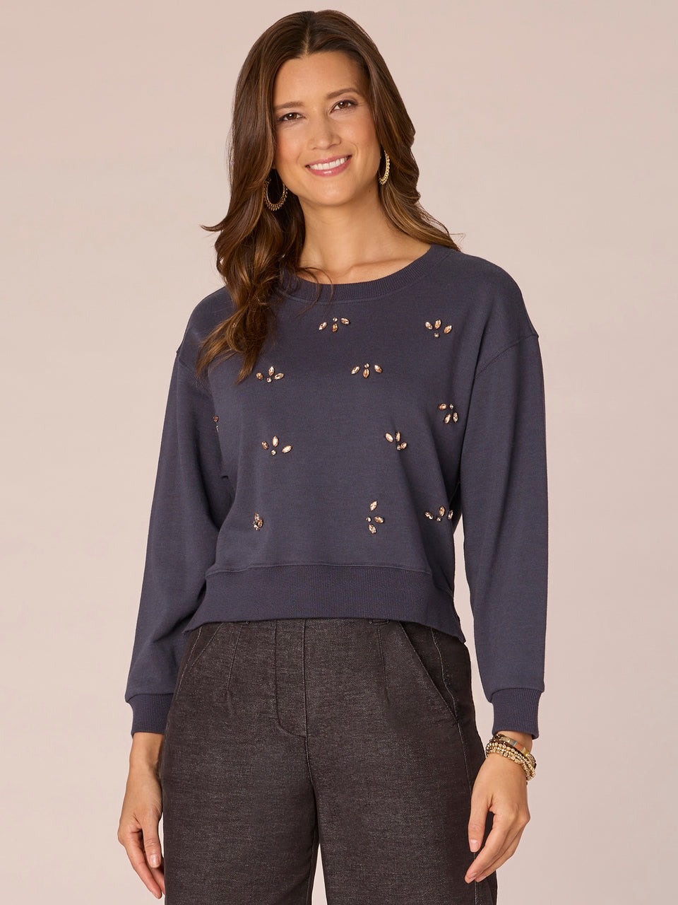 Democracy Blue Charcoal Long Sleeve Scoop Neck Step Hem Sweatshirt
