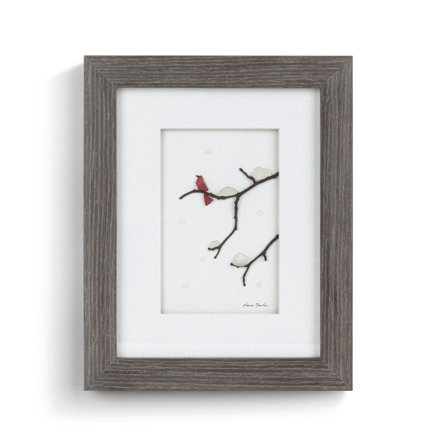 Sharon Nowlan Winter Sea Glass Cardinal Pebble Art