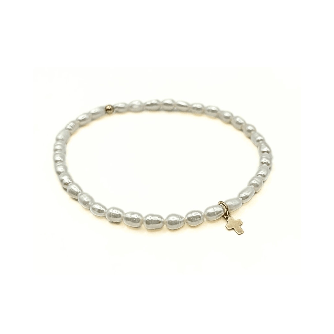 Erin Gray Rice Pearl Waterproof Bracelet with a Gold-Filled Luxe Cross