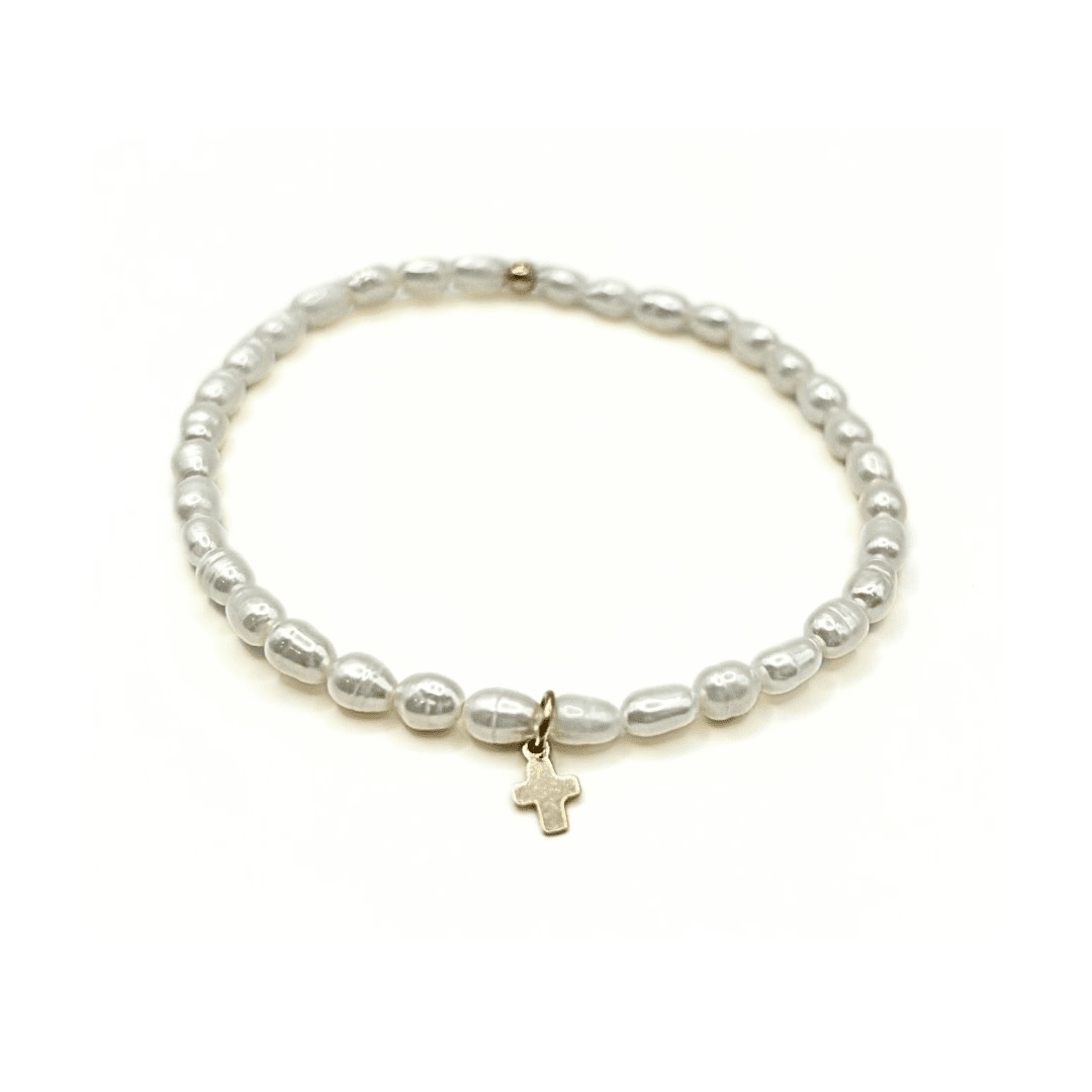 Erin Gray Rice Pearl Waterproof Bracelet with a Gold-Filled Luxe Cross
