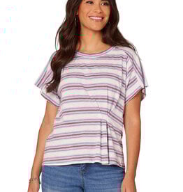 Democracy Heather Off White/Dusty Grape Short Sleeve Stripe Knit Top