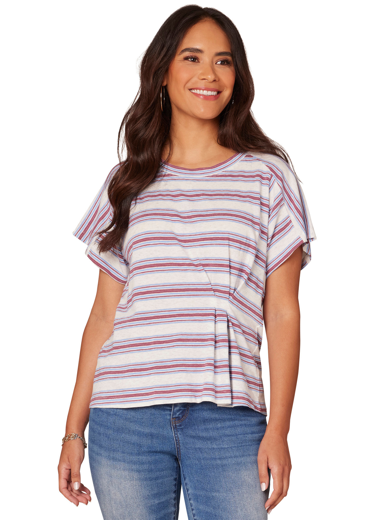 Democracy Heather Off White/Dusty Grape Short Sleeve Stripe Knit Top