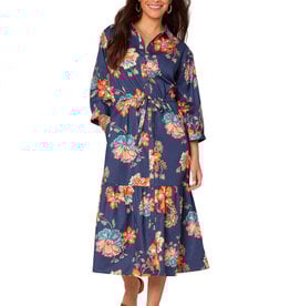 Democracy Navy Multi 3/4 Blouson Sleeve Tiered Printed Woven Dress
