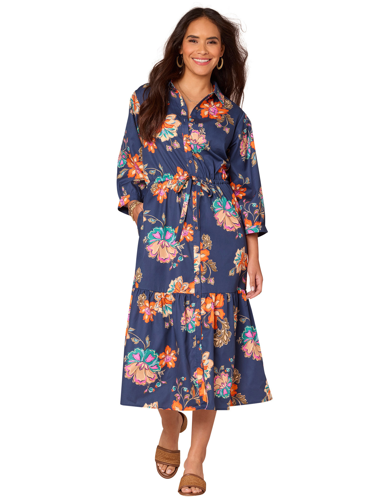 Democracy Navy Multi 3/4 Blouson Sleeve Tiered Printed Woven Dress