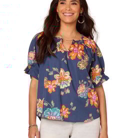 Democracy Navy Mult Smock Neck W/ Keyhole Printed Woven Top