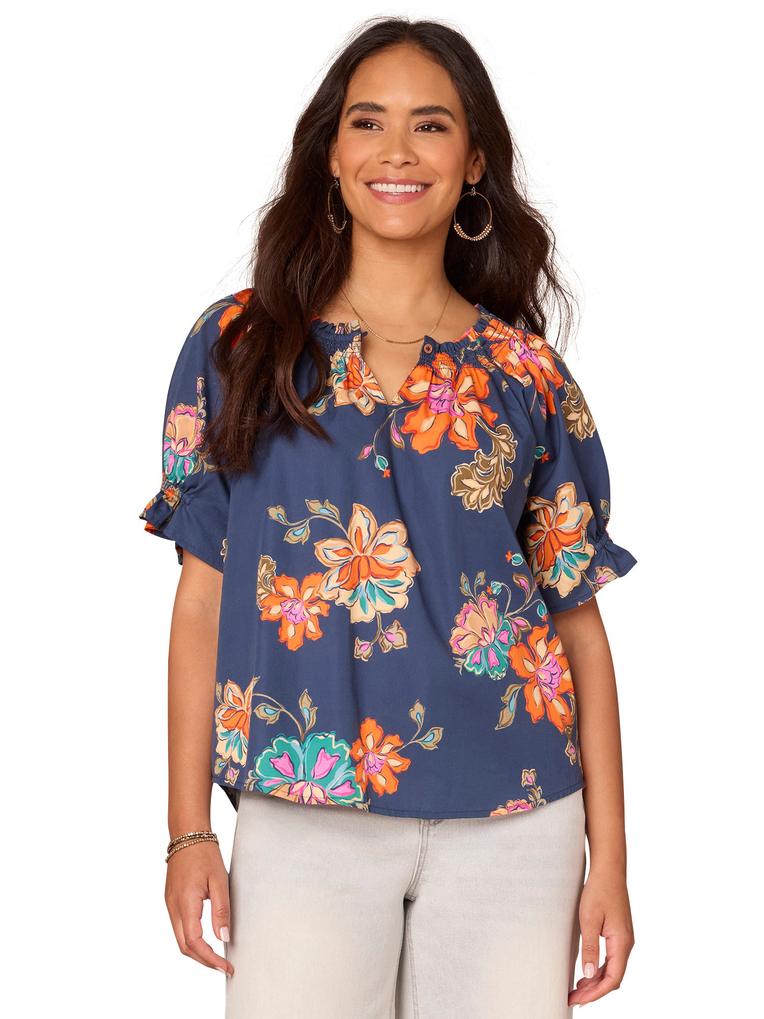 Democracy Navy Mult Smock Neck W/ Keyhole Printed Woven Top