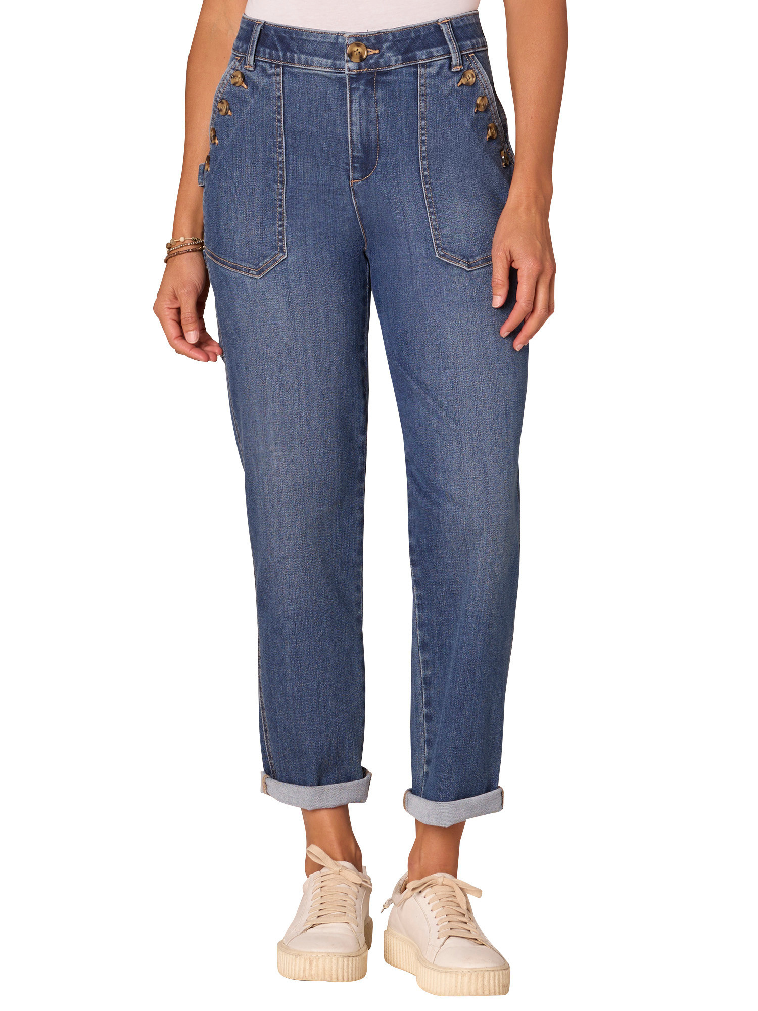 Democracy Blue 25” (28” Uncuffed)/15” “AB” Solution High Rise Buttoned Patch Pocket Pant