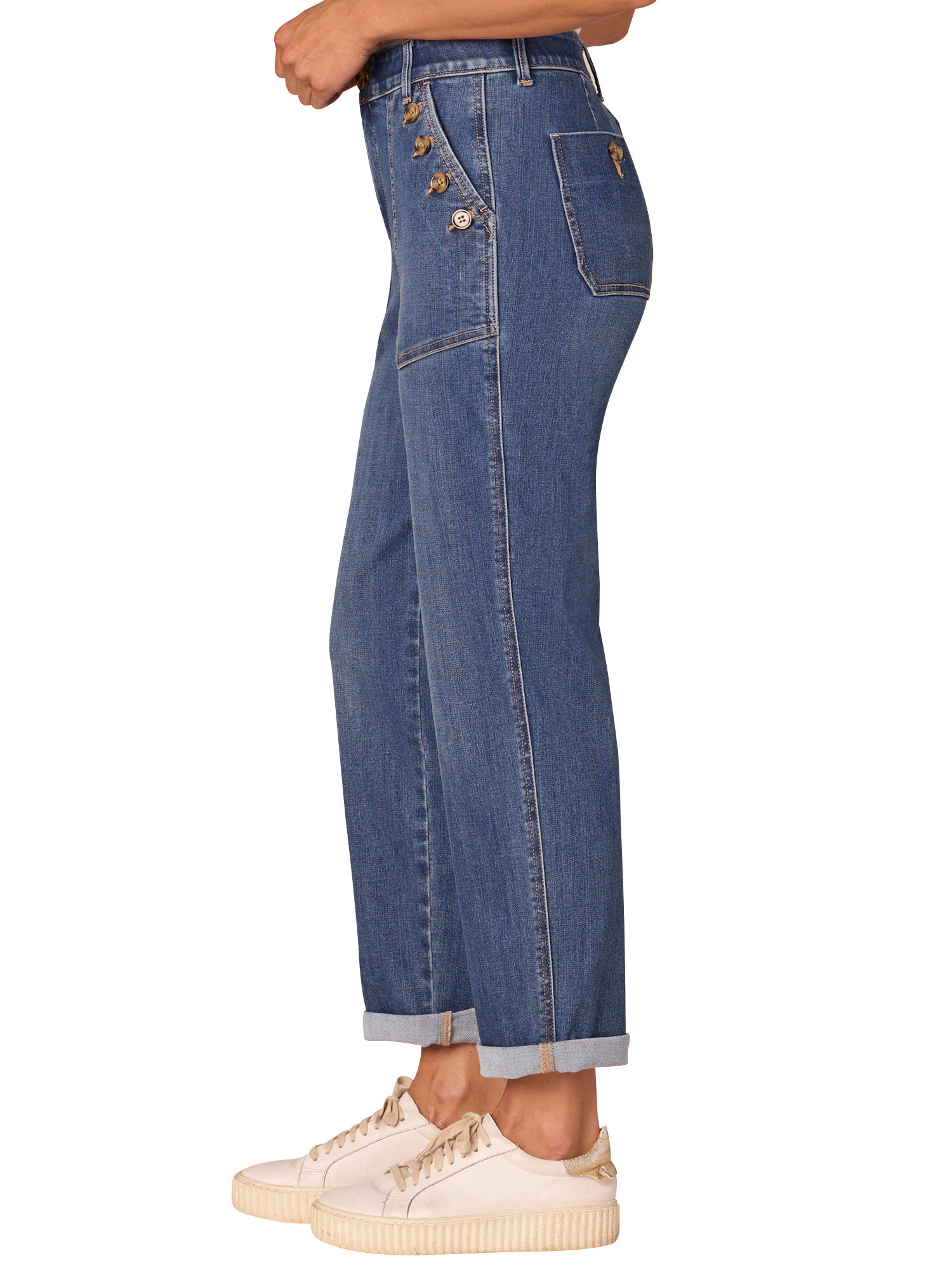Democracy Blue 25” (28” Uncuffed)/15” “AB” Solution High Rise Buttoned Patch Pocket Pant