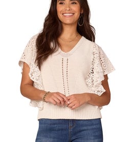 Democracy Off White Flutter Short Sleeve Mix Media Top