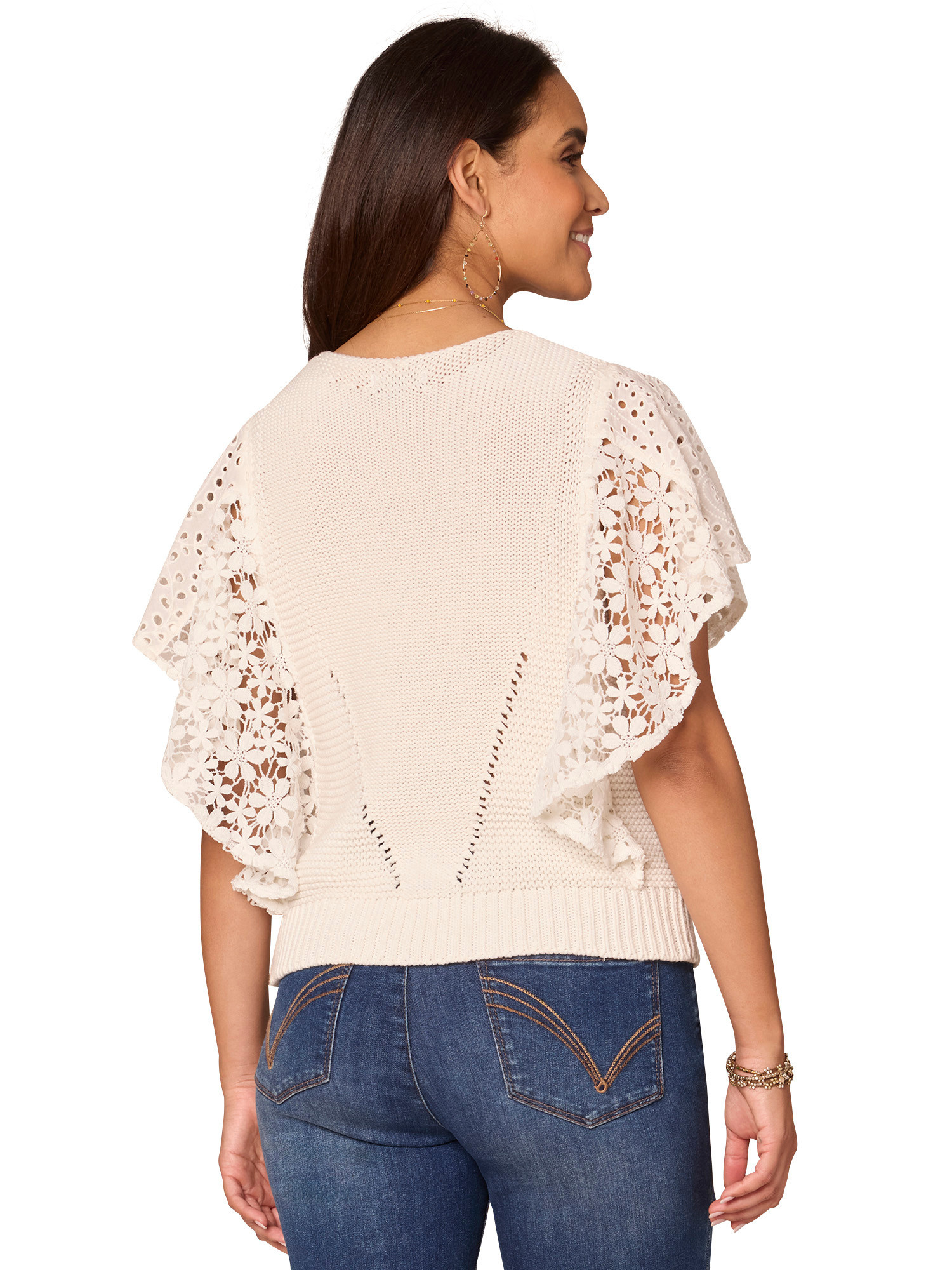 Democracy Off White Flutter Short Sleeve Mix Media Top