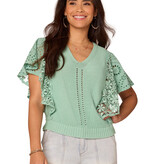 Democracy Light Winter Green Flutter Short Sleeve Mix Media Top
