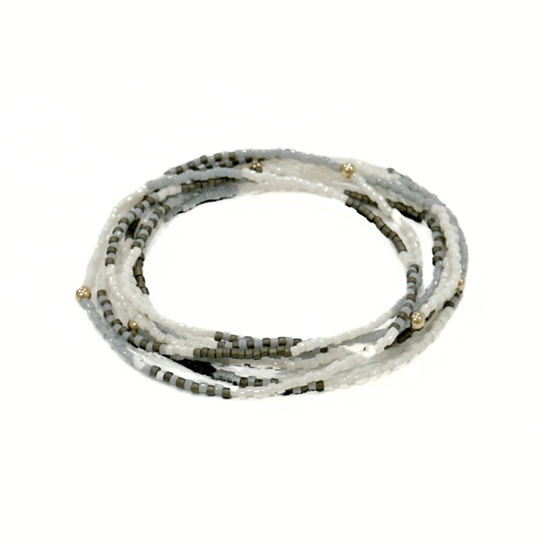 Erin Gray Cloud Gray, Cotton & Graphite Maui Beaded 7 Stack Bracelets with 14k Gold-Filled Beads
