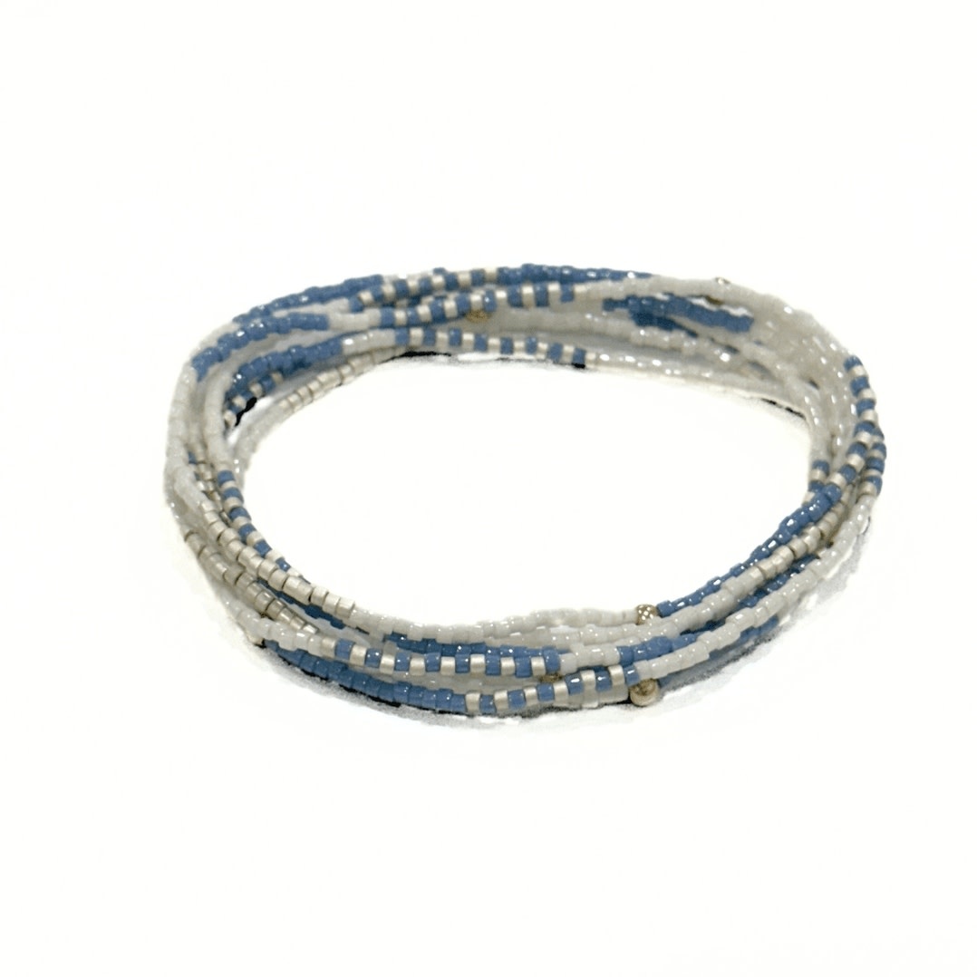 Erin Gray Steel Blue, Cotton & Champagne Maui Beaded 7 Stack Bracelets with 14k Gold-Filled Beads