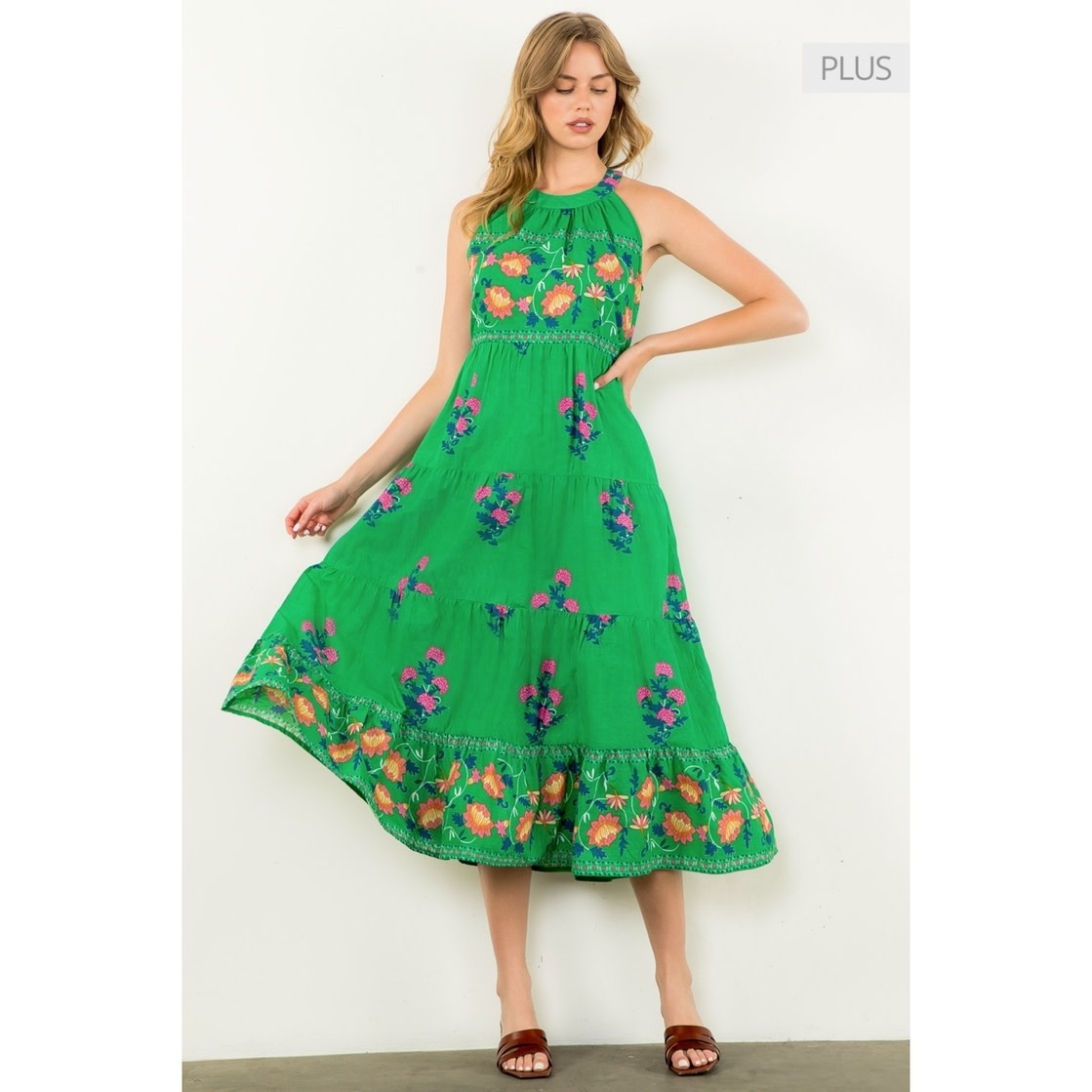 THML Green Halter Floral Maxi Dress