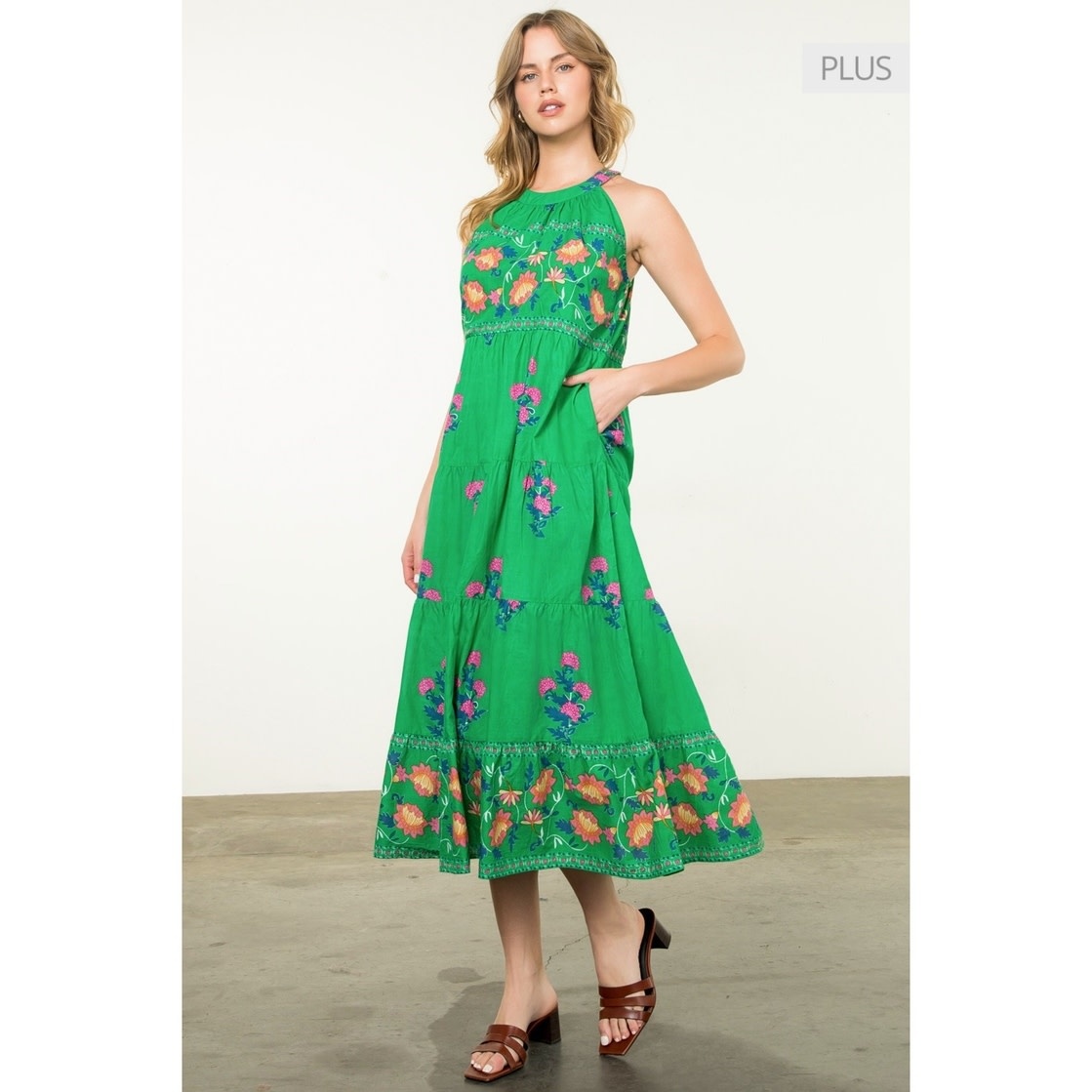 THML Green Halter Floral Maxi Dress