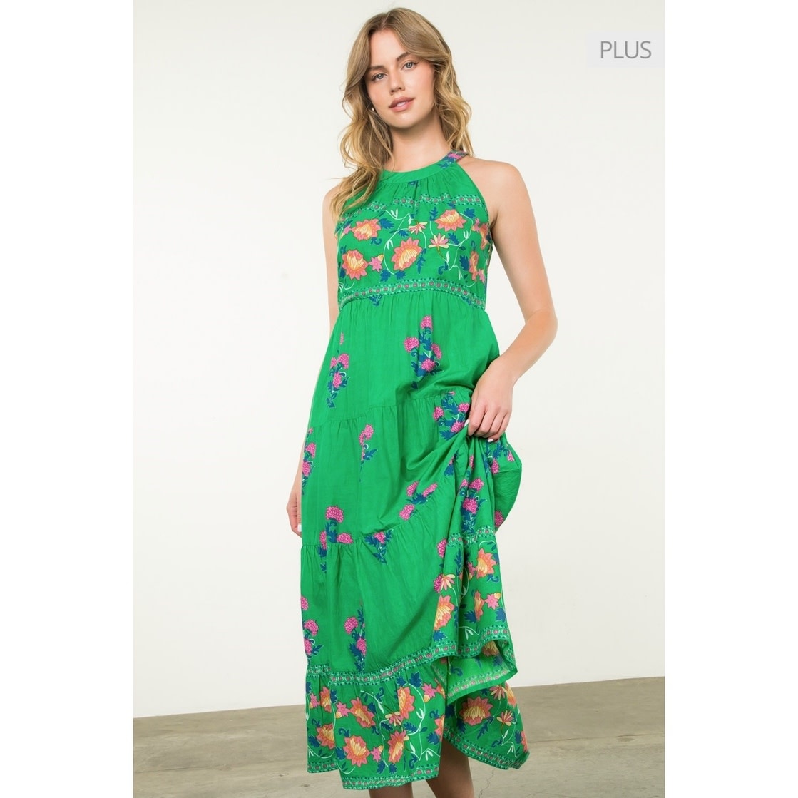 THML Green Halter Floral Maxi Dress