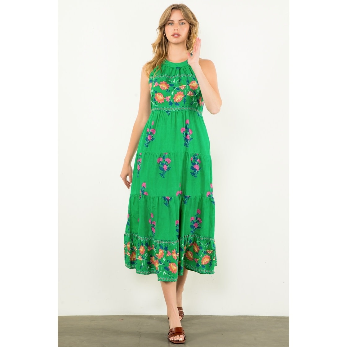THML Green Halter Floral Maxi Dress