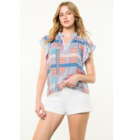 THML Blue Flutter Sleeve Striped Pattern Top