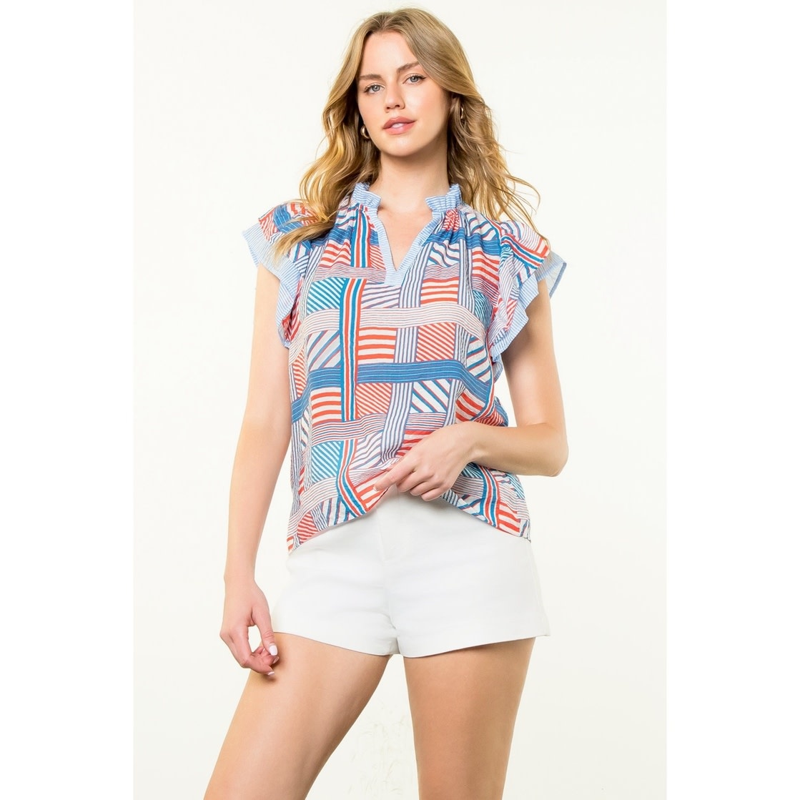THML Blue Flutter Sleeve Striped Pattern Top