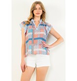 THML Blue Flutter Sleeve Striped Pattern Top