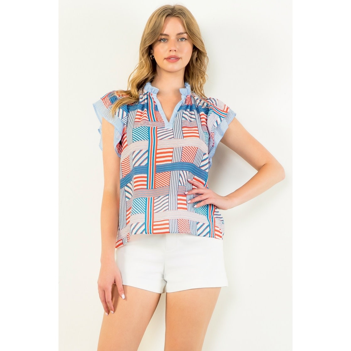 THML Blue Flutter Sleeve Striped Pattern Top