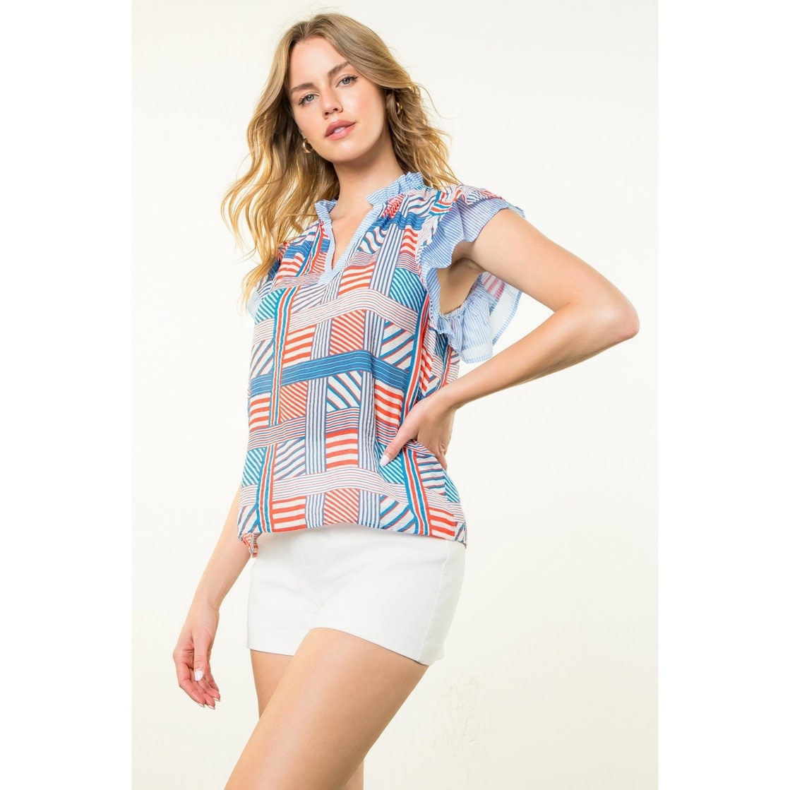THML Blue Flutter Sleeve Striped Pattern Top