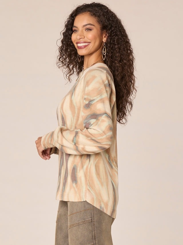 Democracy Coffee Cake Multi Long Puff Sleeve Shirttail Hem Printed Sweater