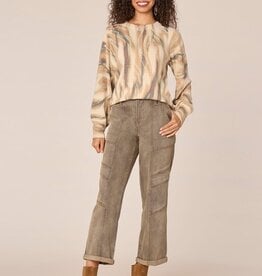 Democracy Coffee Cake Multi Long Puff Sleeve Shirttail Hem Printed Sweater