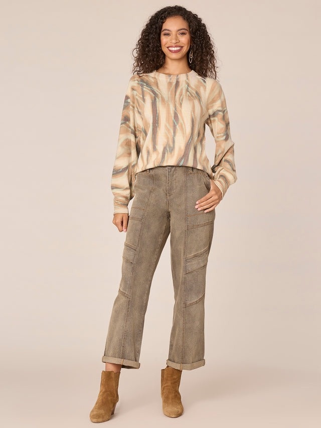 Democracy Coffee Cake Multi Long Puff Sleeve Shirttail Hem Printed Sweater
