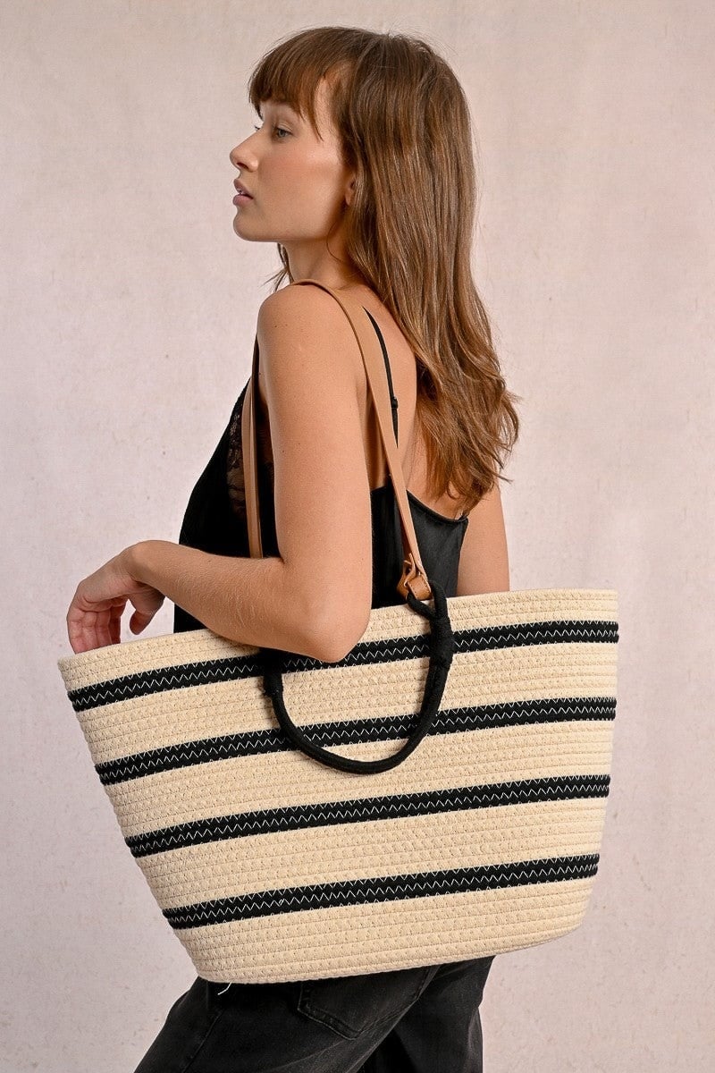 Molly Bracken Off-White Striped Basket Bag--Thick Cotton Tote