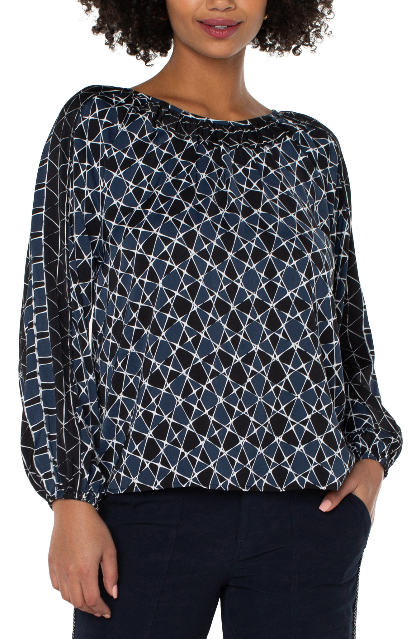 Liverpool Los Angeles Stargazing Long Sleeve Shirred Woven Blouse