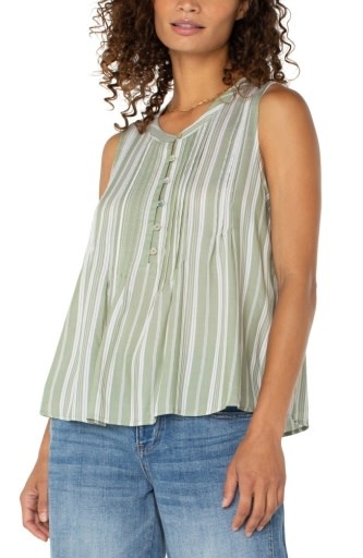 Liverpool Los Angeles sleeveless popover button front woven tank w pintucks