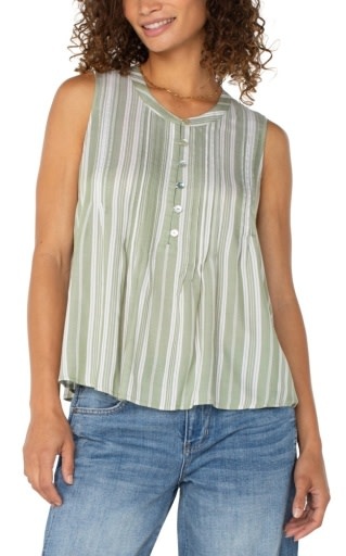 Liverpool Los Angeles sleeveless popover button front woven tank w pintucks