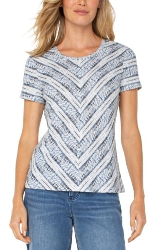Liverpool Los Angeles short sleeve scoop neck knit top w miter front