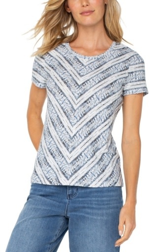 Liverpool Los Angeles short sleeve scoop neck knit top w miter front