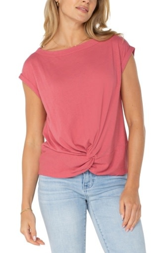 Liverpool Los Angeles short sleeve boat neck knot front knit top