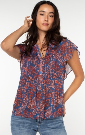 Liverpool Los Angeles double layer flutter sleeve woven blouse w pintucks
