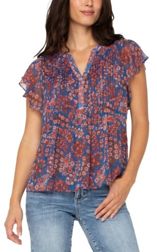 Liverpool Los Angeles double layer flutter sleeve woven blouse w pintucks