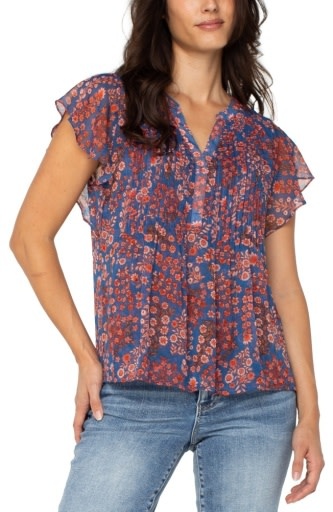 Liverpool Los Angeles double layer flutter sleeve woven blouse w pintucks