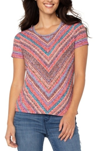 Liverpool Los Angeles short sleeve scoop neck knit top w miter front