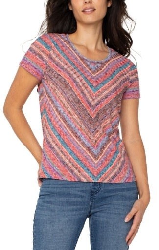 Liverpool Los Angeles short sleeve scoop neck knit top w miter front