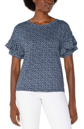 Liverpool Los Angeles 1/2 sleeve drop shoulder knit top w ruffle