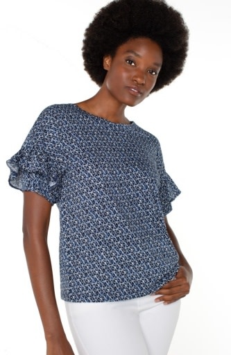 Liverpool Los Angeles 1/2 sleeve drop shoulder knit top w ruffle
