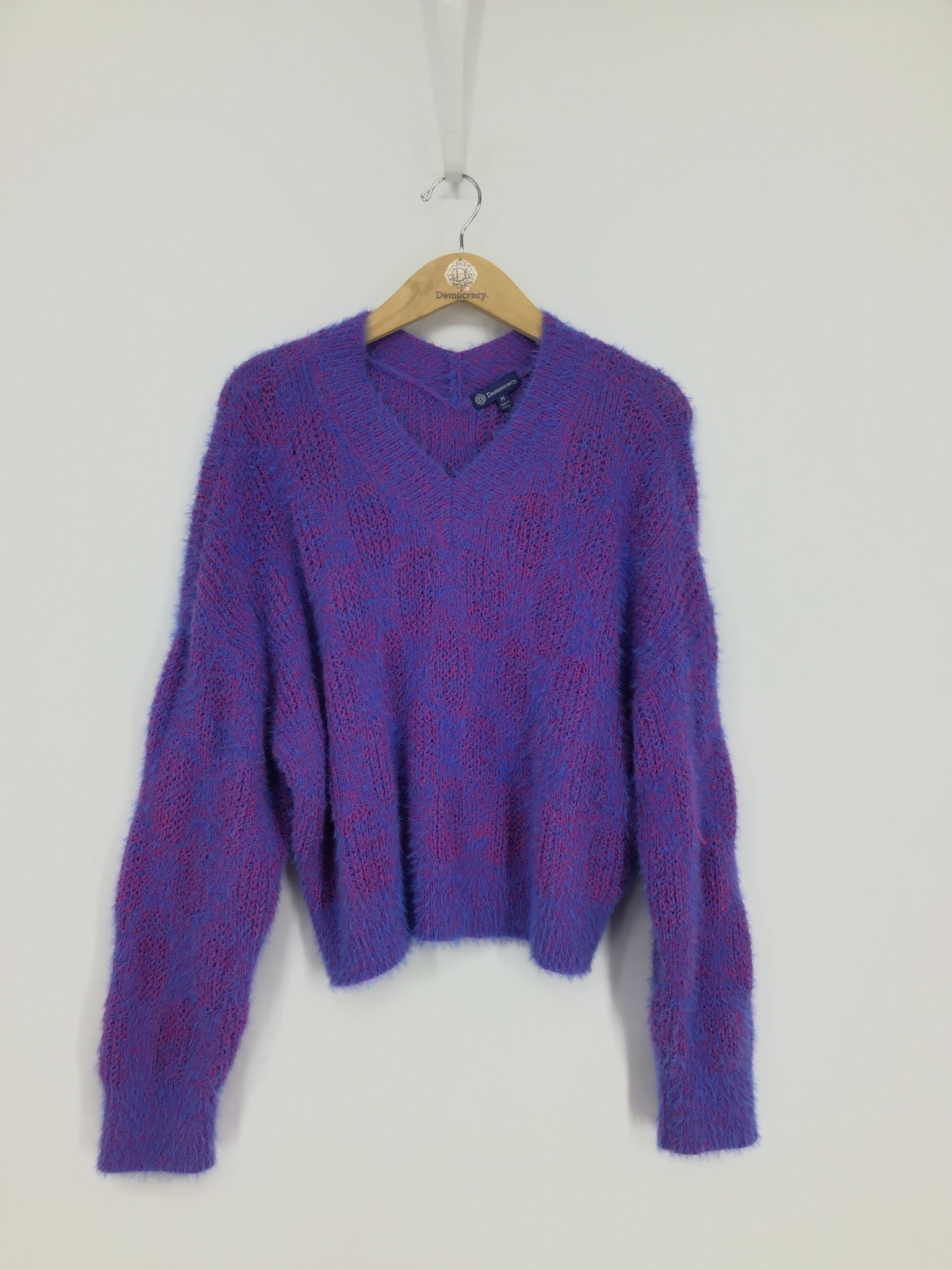 Democracy Grape LS Double V-Neck Two Tone Eyelash Sweater