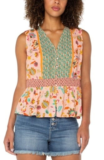Liverpool Los Angeles sleeveless woven top w smocked waist