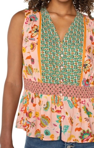 Liverpool Los Angeles sleeveless woven top w smocked waist