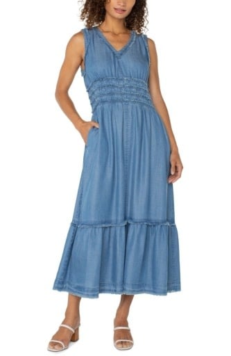 Liverpool Los Angeles smocked v neck fray maxi dress