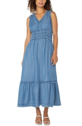 Liverpool Los Angeles smocked v neck fray maxi dress