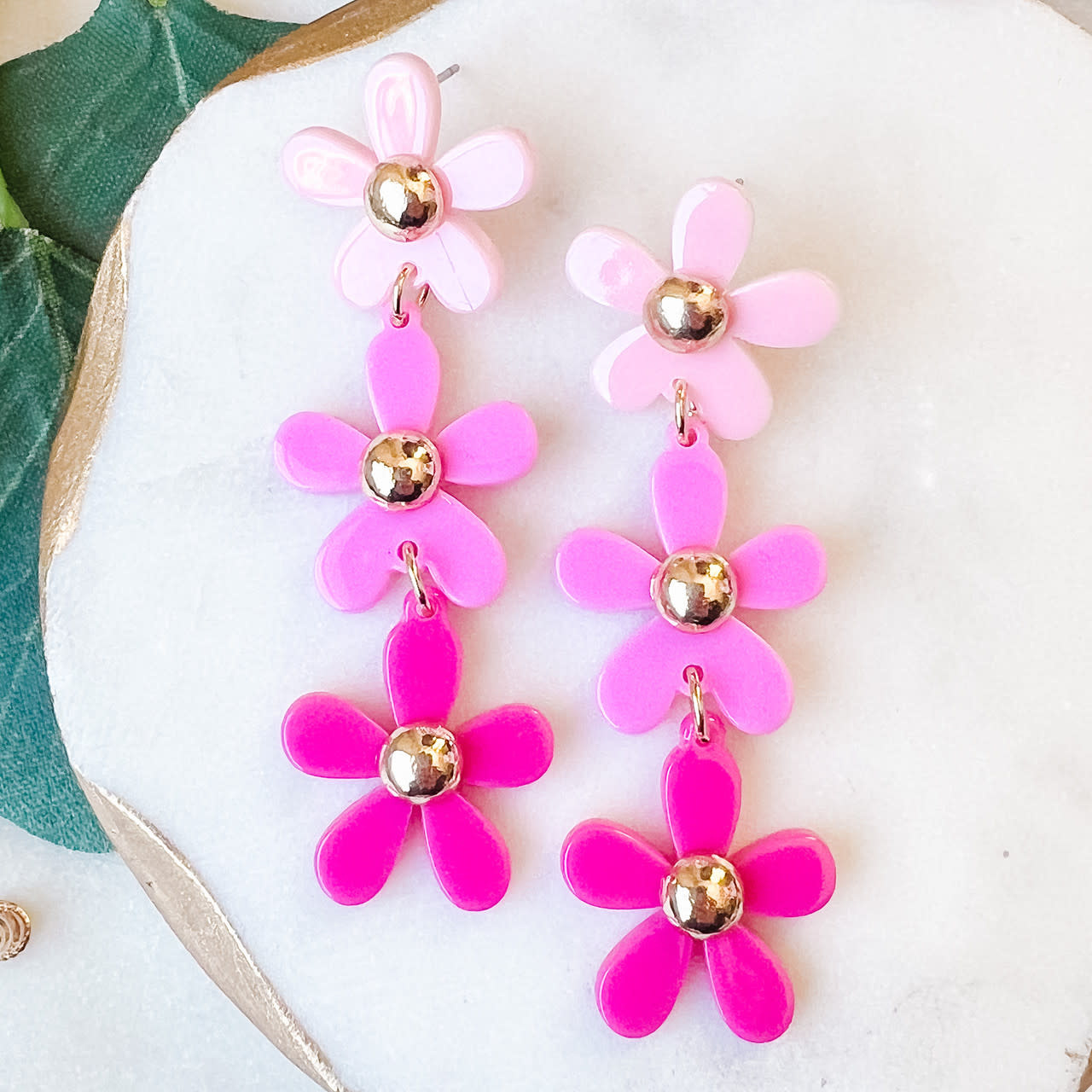 Lou & Co. Pink Three-Tier Flower Dangle Earrings