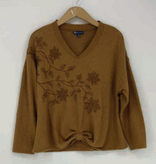 Democracy Heather Caramel Brown LS V Neck Embroidery Knit Top